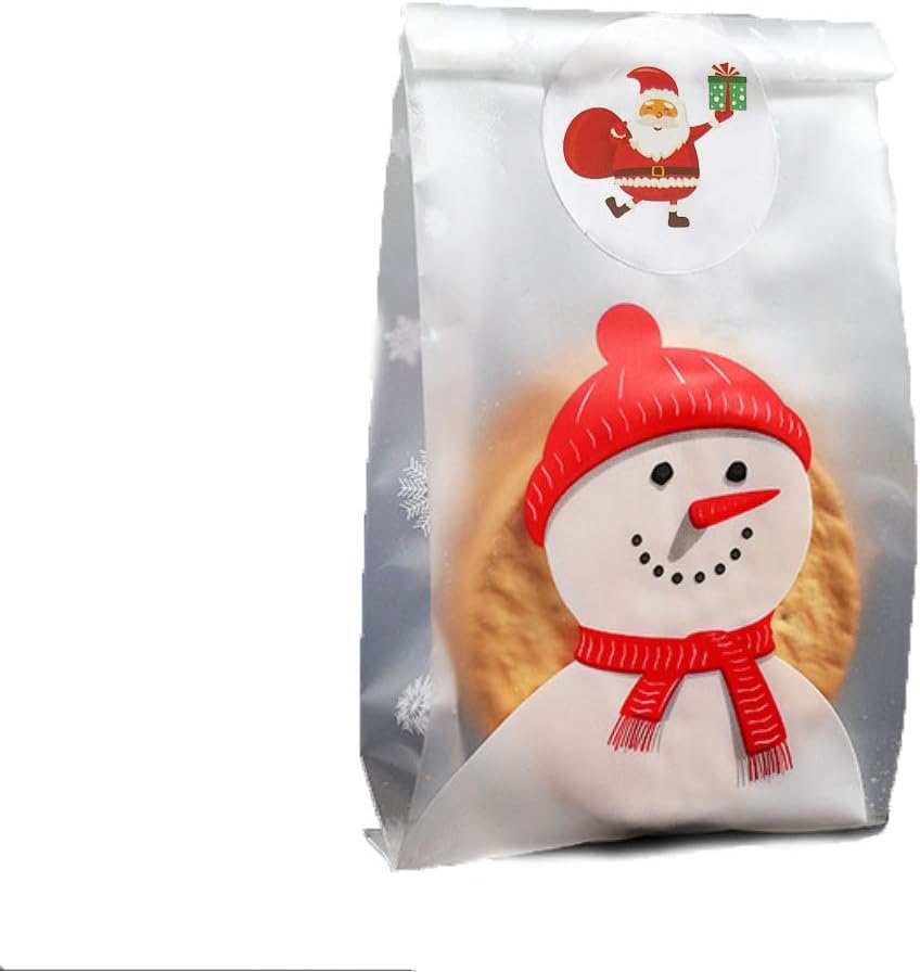 SCHOLMART Cellophane Treat Bags Snowman Bakery Cookies Bag Candies Dessert Christmas Snowman, Buddies Holiday, with Santa Claus Stickers (50 Pack) (3 x 4.5 Inch, Snowman)