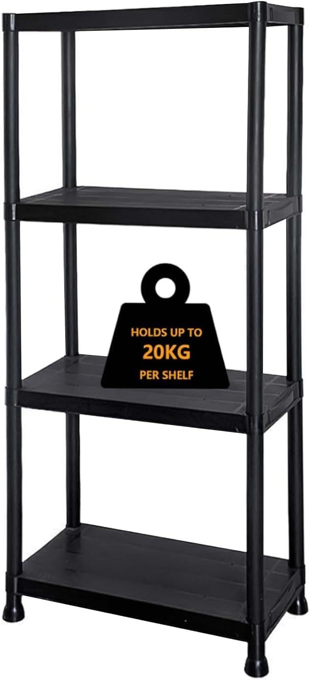 Scaffale a 4 ripiani in plastica nera resistente per casa, ufficio, dispensa, magazzino e cucina, soluzione durevole e versatile per un'organizzazione efficiente