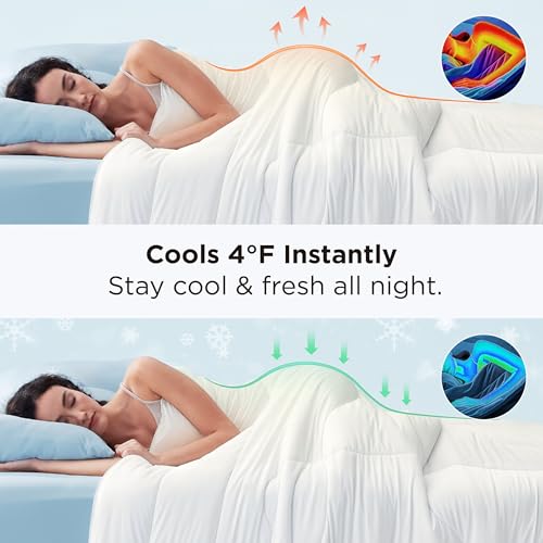 Bedsure Cooling Comforter Cal King - Cooling Blankets for Hot Sleepers, Lightweight Comforter for Summer with Dual-Sided Cool Tech, Soft Breathable Cold Blanket for Sleeping, White, 102x96 Inches