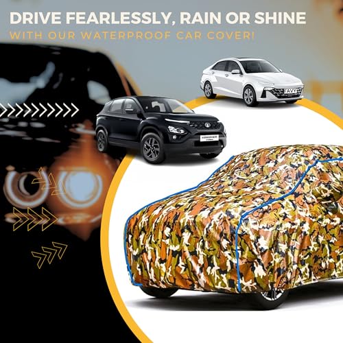 Image of Kerwa Car Body Cover Waterproof Compatible with TATA Indigo ECS | Scratch Proof, Anti-Dust, UV Protection | Windproof Buckle Strap | Fitted Bottom Elastic | Side Mirror Pockets-Jungle
