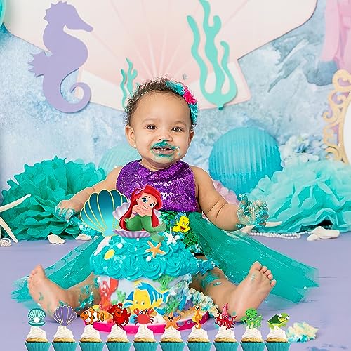 Image of Party Propz Mermaid Cake Topper-Set Of 24Pcs Cake Toppers For Cake Decoration|Happy Birthday Cake Topper|Mermaid Theme Birthday Decorations|Ariel Little Mermaid Cupcake Toppers|Cake Decoration Items