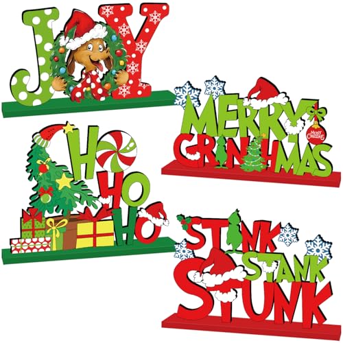 4Pcs Christmas Decorations Wooden Table Centerpiece