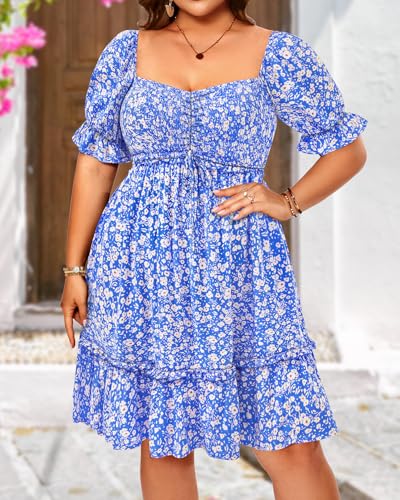 Image of Pinup Fashion Plus Size Summer Dresses-2026 Casual Puff Sleeve Sweetheart Neckline Smocked Short Babydoll Dress
