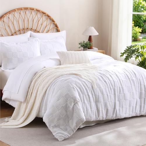 Image of MR&HM 7 Pieces Comforter Set Full, Checkered Boho Tufted Bed Set White | Farmhouse Vintage Bed with Plaid Geometric Design, All-Season Bed in A Bag Comforter with Sheets, Pillow Shams & Pillowcases