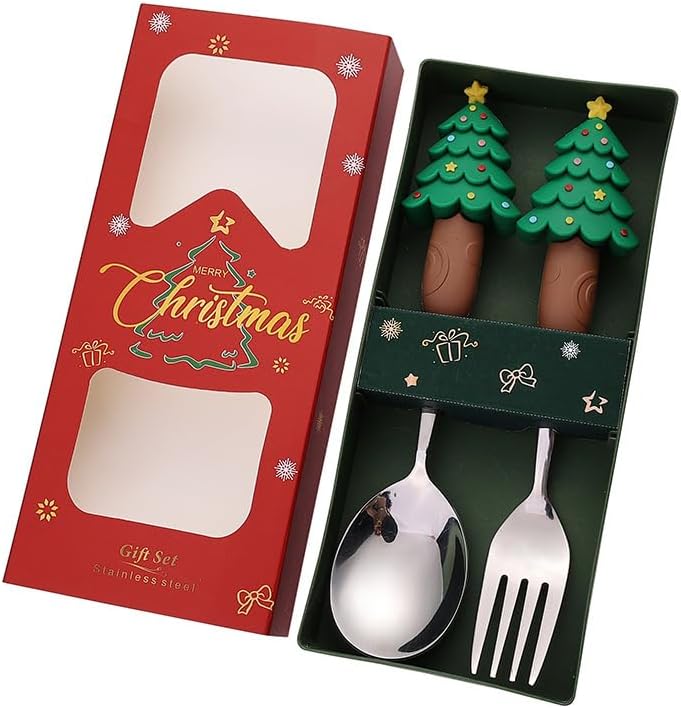 Christmas Cutlery Set 410Stainless Steel Spoon and Fork with Festival Designs Fruit Cake for Holiday Dining Christmas Spoon and Fork