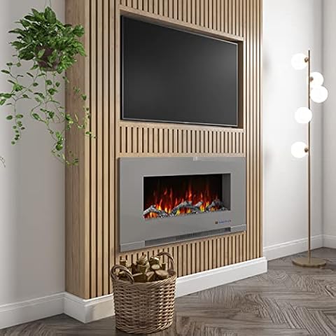 Amberglo Grey Wall Mounted Electric Fire with Log & Crystal Fuel Beds Cover