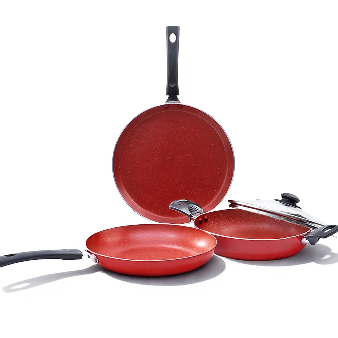 Wonderchef Valencia Non-Stick Cookware 4 Piece Set | Kadhai with Lid 24 cm, Fry Pan 24 cm, Dosa Tawa 28 cm | Cool Touch Bakelite Handles | Pure Grade Aluminium| PFOA Free| 2 Years Warranty | Red