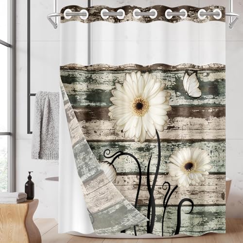 Nesphy No Hook Shower Curtain with Snap in Liner 71x86 Inch Wood Flower