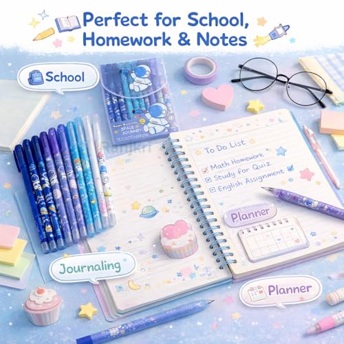 Image of 12 Pcs Cute Space Theme Erasable Gel Pens Set | 0.5mm Fine Tip Blue Ink | Write Erase Rewrite Pens for Kids Students | Smooth Writing School Stationery Gift