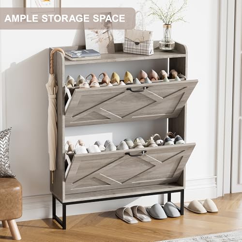 Image of Nicetree Shoe Storage Cabinet with 2 Flip Drawers, Freestanding Shoe Organizer, Shoe Cabinet with Metal Legs, Narrow Shoe Rack Cabinet, Farmhouse Slim Shoe Cabinet for Entryway, Hallway, Rustic Gray