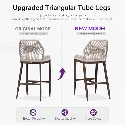Image of PURPLE LEAF Bar Stools Set of 2 Outdoor Bar Height Metal Stools Modern Wicker Rattan Barstools with Back Aluminum Outside Garden Patio Bar Chairs, Bronze