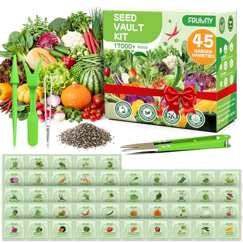 Fruivity 45 Heirloom Vegetable Seeds Variety Pack - 17 000+ Garden Seeds for Planting Indoor & Outdoor - Seed Vault Kit with Tomato Cabbage- Home Garden Seeds for Hydroponic Women Friend Gift
