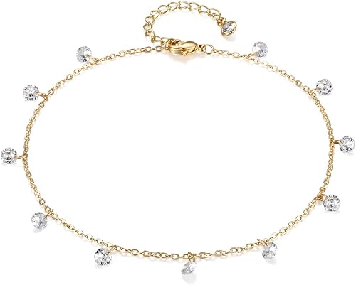 LOYATA - Tobillera delicada bañada en oro de 14 quilates para mujeres, con pequeña cruz de circonia cúbica blanca y borlas bonita joyería para