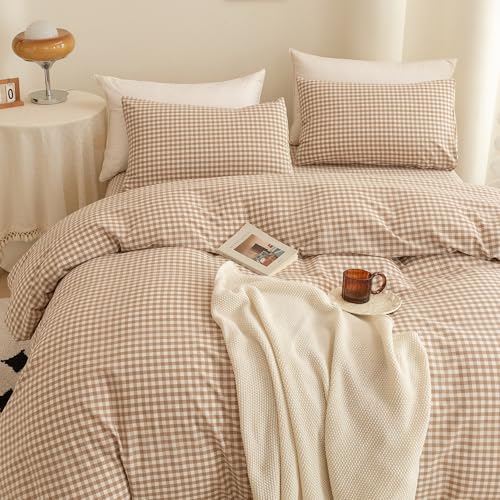 Image of ECOCOTT Gingham Duvet Cover King Size 100% Washed Cotton Like Linen Feel Super Soft & Comfy Bedding Set Modern Checkered Design for All Seasons