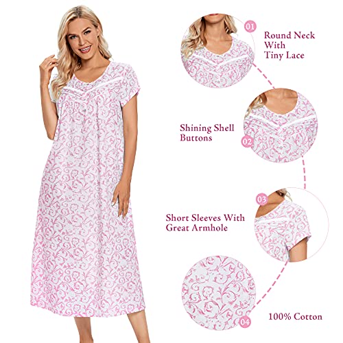Izzy + Toby Nightgowns For Women Soft 100% Cotton Lightweight Short Sleeves Ladies Nightdress Pink Print L #TOP2