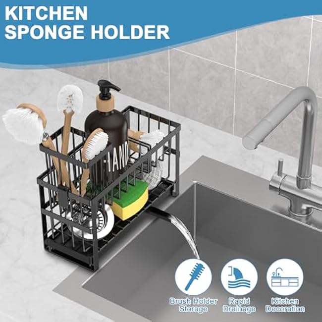 Hvisso 2-Tier Kitchen Sink Caddy with High Brush Holder, Sponge Holder for Sink, Kitchen Storage Organization Sponge Rack, Home Apartment Essential Gadgets Accessories (Black)