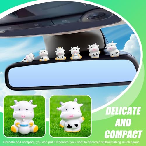 6 Pack Cute Cow Car Dashboard Mini Ornaments, Vehicle Rearview Mirror&Dash, TouchScreen Top/Office Desk/Home Funny Adorable Rear View Decor, Cars Interior Accessories for Women Men(Silver Horned Cow)