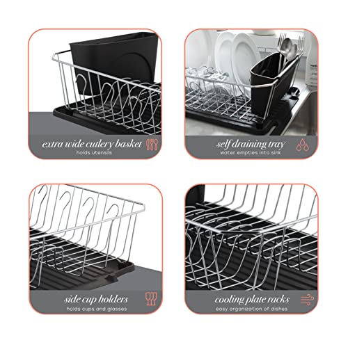 Kitchen Details 3 Piece Dish Rack | Drying Rack, Cutlery Basket & Drainboard Tray | Countertop | Self Draining | Rust Resistant | Chrome | Black #TOP4