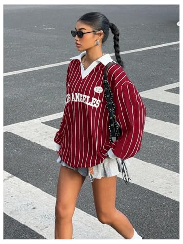 SOLY HUX Women's Oversized Tees Striped Letter Print Y2k Jersey T Shirt Collar V Neck Long Sleeve Loose Tops3