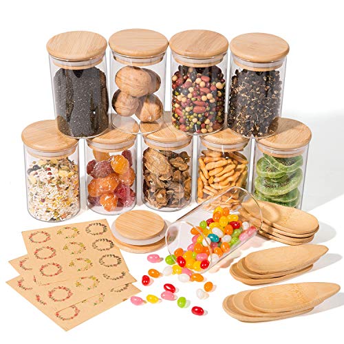 Yangbaga Glazen potten met bamboe deksel en lepel Set van 10, luchtdichte opbergbus met etiketten, voor keuken, snackkast en badkamer 270ml