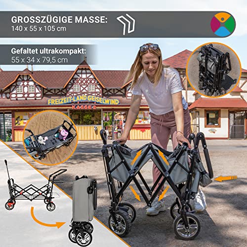 Miweba Faltbarer Bollerwagen MB-20 | Sonnendach UV-beständig - 2X Anschnallgurte - Bremse - Traglast 100 Kg - Transportwagen für Kinder - Handwagen klappbar - Trolley (Grün)
