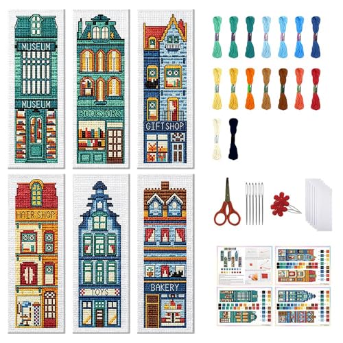 Image of FREEBLOSS 6 Set Cross Stitch Bookmark Kit Stamped Cross Stitch Kit Street View Pattern Embroidery Set with Instruction for Adults 8''*2.4''