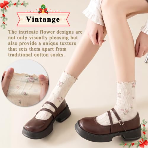 Image of Womens Ruffle Crew Socks Vintage Patterned Ankle Casual Fashion Dress Sock Cute Lettuce Floral Socks 5 /6 Pack