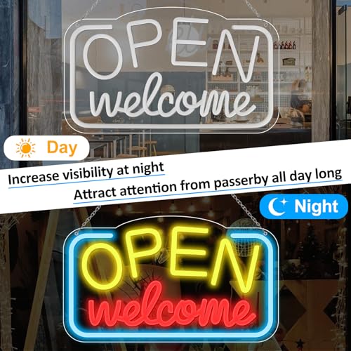Image of Open Signs for Business, 16.9 inchX 9.4 inch Bright High Visibility LED Neon Open Sign Powered by USB with ON /OFF Switch, Adjustable Open Sign for Bar Shop Coffee Salon Hotel Store Walls Window Door Storefront - Yellow