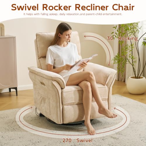 Image of Swivel Rocker Recliner with Auto Rocking,Power Recliner Nursery Chair with Massage and Heat,Glider Recliner Nursery Chair for Living Room,Beige