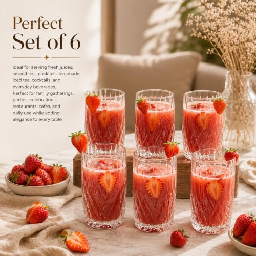 Image of bellemax 278 ML Checkered Design Water & Juice Glasses | Premium Drinking Glasses for Water, Juice, Cold Drinks & Beverages | Stylish Glass Tumblers for Home, Kitchen Set of 6