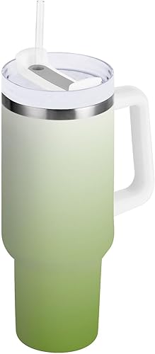 Vaso de acero inoxidable con aislamiento al vacío de 40 onzas con tapa y popote para agua, té, café, degradado de oliva
