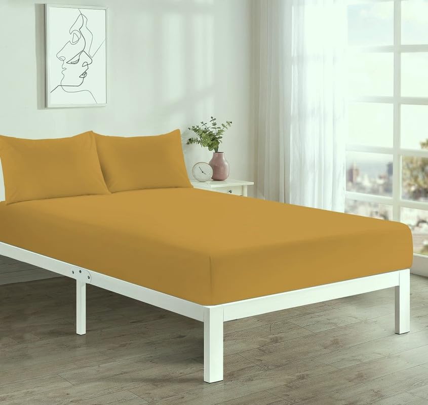 L S U Supersoft Duvet Cover Set Easy Care Bedding Fitted Sheet and Pillowcases in 22 Colours and Single, Double, King, and Super King Sizes (FITTED D mustard)