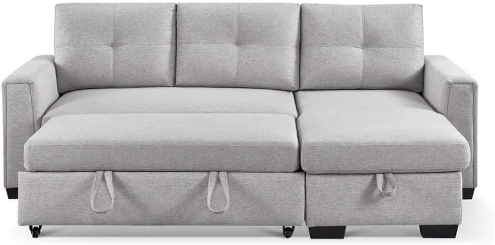 91.7'' Light Grey Pull-Out Sleeper Bed,3-Seater Modular Fabric Convertible Reversible Sectional Sofa