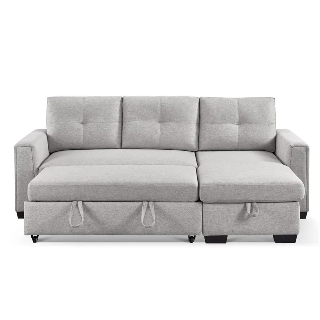 91 7 Light Grey Pull-Out Sleeper Bed 3-Seater Modular Fabric Convertible Reversible Sleeper Sectional Sofa
