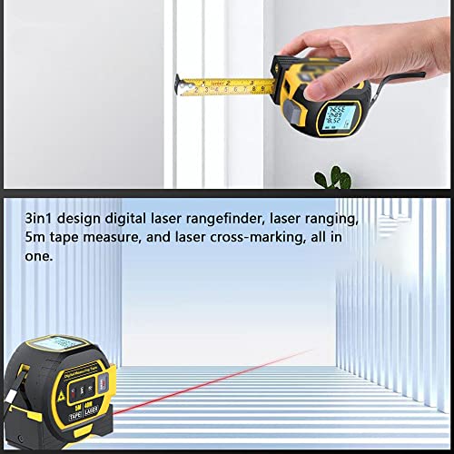 Télémètre laser, KKnoon 3 en 1 Règle de ruban à mesurer de 5 m Écran LCD avec rétroéclairage Distancemètre Dispositif de mesure de bâtiment Volumes de surface Équipement d'arpentage