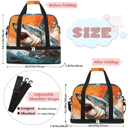 Travel Duffel Bags Ocean Shark Foldable Weekender Bags for Women with Shoes Compartment Waterproof & Tear Resistant Carry on Overnight Luggage Duffel Bag Shoulder Sports Tote Bag,B-9932