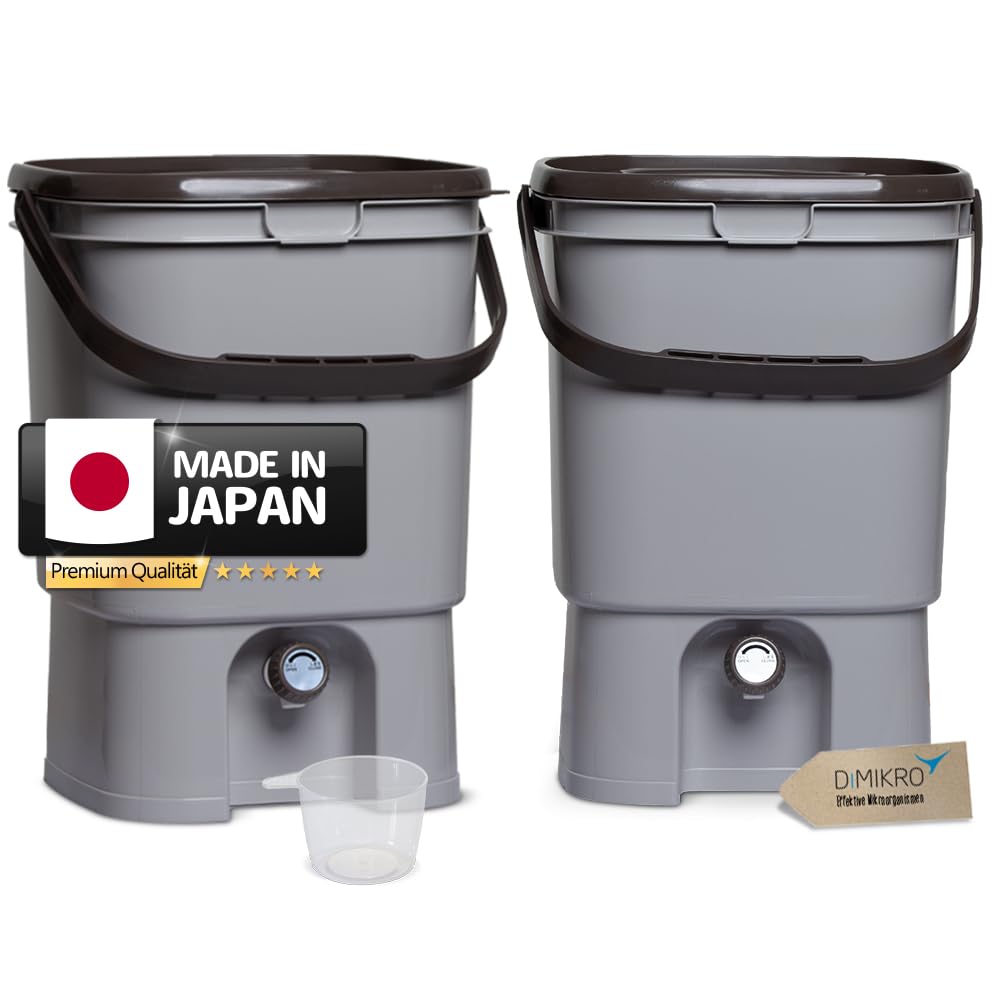 2 Bokashi Eimer - Japanisches Design 19 Liter Volumen - 41 x 29 x 29 cm - aus lebensmittelechtem (PP) - Dünger aus Lebensmittelresten selbst herstellen