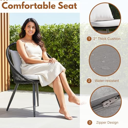 Image of DEVOKO 3 Piece Rope Patio Outdoor All Weather Furniture Conversation Bistro Set with Comfortable Cushions & Glass Top Table for Garden, Balcony, Lawn, Deck (Black & Off-White)