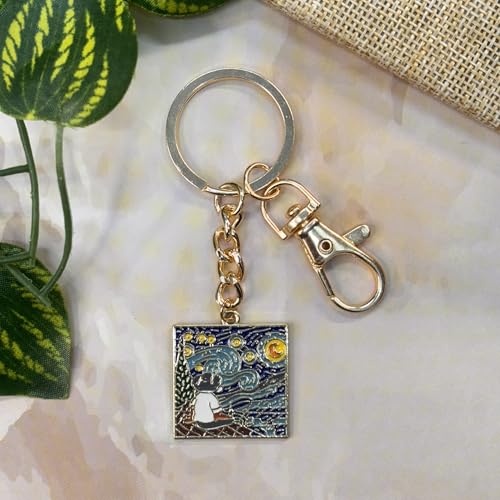 Image of Van Gogh Keychain for Men & Women, Starry Night & Wheatfield Painting Aesthetic Keychains, Handcrafted, Durable Anti-Tarnish Metal Key Ring for Car, Bike, Travel, Bags, Gifting