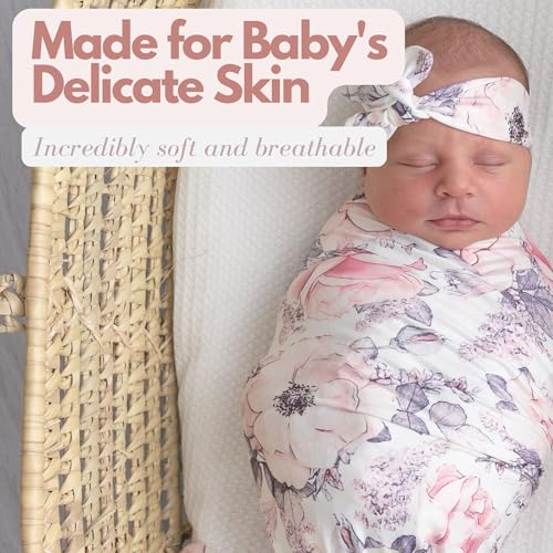 Image of Newborn Baby Girl Receiving Blanket Swaddle Blanket Stretchy Knit Swaddle Set with Matching Headband and Beanie (Ink Pink)