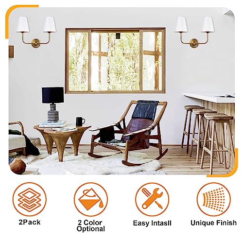 Passica Decor 2 Light Modern Armed Wall Sconce With 2Pcs Antique Brass Flared White Fabric Shade Double Gold Sconce For Bathroom Vanity Living Room Hallway Stairway Fireplace Farmhouse #TOP1