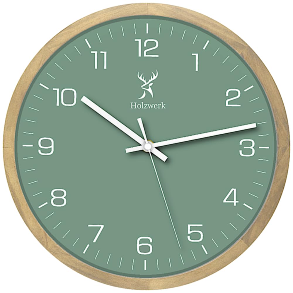 Holzwerk Natural Wall Clock Wooden Clock Vintage Running Quiet Movement without Ticking Noises Green Beech White Almost Silent Handmade Solid Wood Natural Wood 30 cm