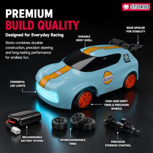 Image of Storio Punto Mini RC Car 1:64 Scale, 2.4GHz Remote Control Car with Drift & Grip Modes, Dual Speed, LED Lights, 100m Range, Rechargeable RC Drift Car for Kids Boys Girls & Adults