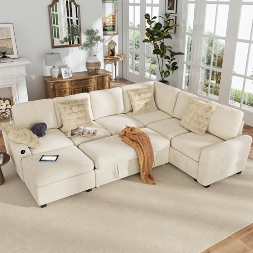 Image of Hanherry Sectional Couch with Pull Out Sofa Bed,Chenille Sleeper Sofa with Storage Ottoman & USB Charging,Comfy L Shaped Modular Couches for Living Room,Apartment