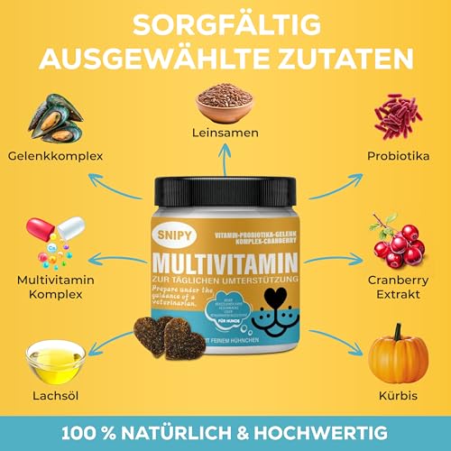 Multivitamine für Hunde – 100 Soft Snacks mit Probiotika, Vitaminen, Omega-3 & Grünlippmuschel, SNIPY Premium, Fell, Gelenke & Vitalität