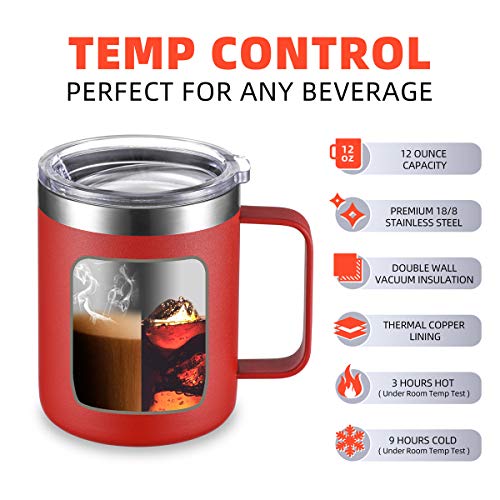 Civago Stainless Steel Coffee Mug Cup with Handle, 12 oz Double Wall Vacuum Insulated Tumbler with Lid Travel Friendly (Red, 2 Pack)