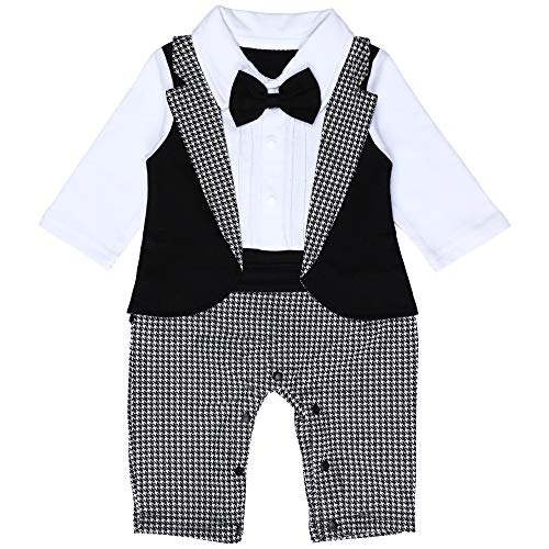 Mings Baby Boys Tuxedo Gentleman Onesie One-Piece Romper Jumpsuit Bow Tie Toddler Infant Long Sleeves Formal Suits Dress Clothes Wedding Outfit 0-18M(0-3M 7001)