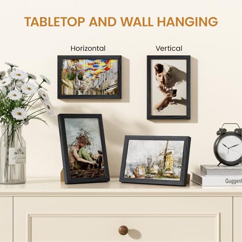 Image of 5x8 Picture Frame,Solid Oak Wood 5 inchx8 inch Photo Frame, Black Color Tempered Real Glass 5 by 8 Wooden Frames with No Mat,8x5 Picture Frames for Wall or Tabletop Display