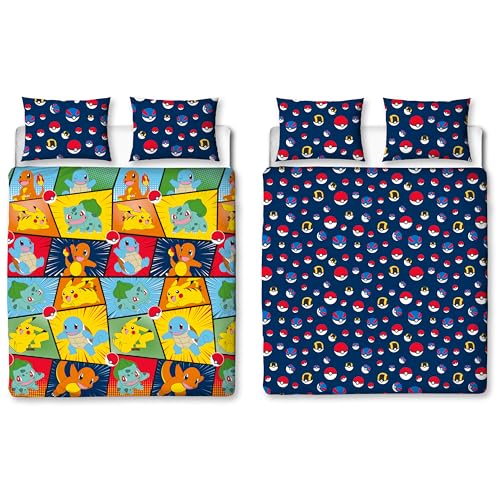Parure de lit Double Officielle Pokémon, Design rétro | Housse de Couette réversible Bleue Pikachu, Carapuce, Salamèche, Produits Officiels, taies...