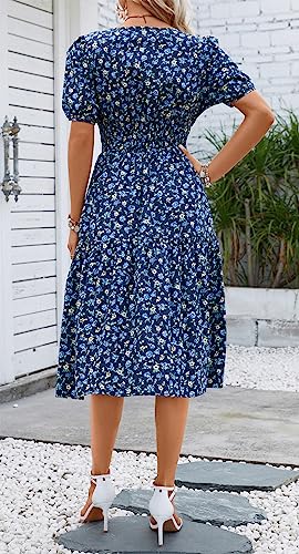Image of Kormei Women Summer Casual Boho Floral Round Neck Short Sleeve Smocked Waist Tiered Flowy Swing Midi Dress
